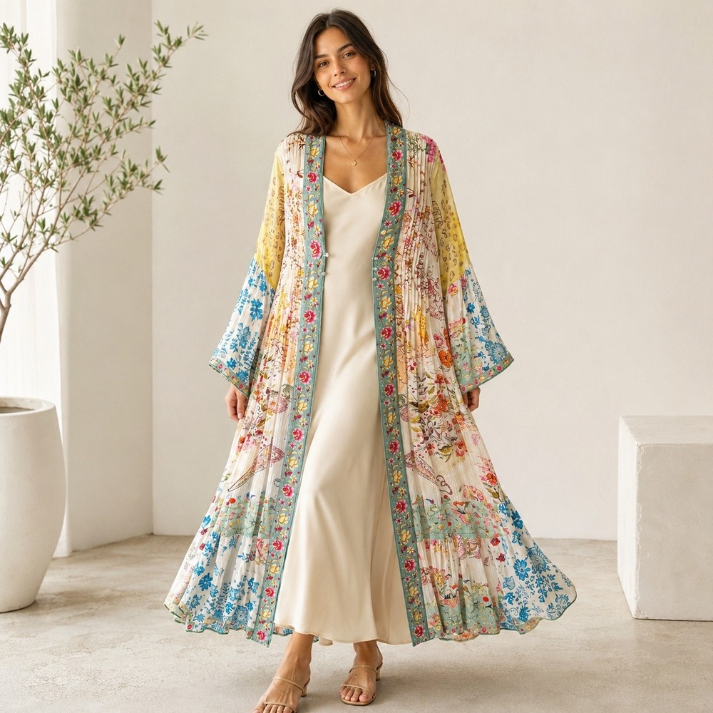 Z&L Made With Love Floral Crinkle Gauze Maxi Duster Kimono Dress M/L